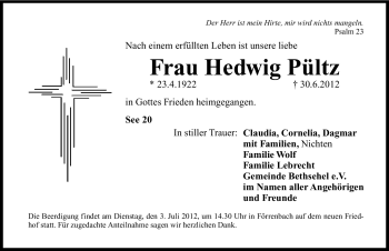 Traueranzeige von Hedwig Pültz von Hersbrucker Zeitung